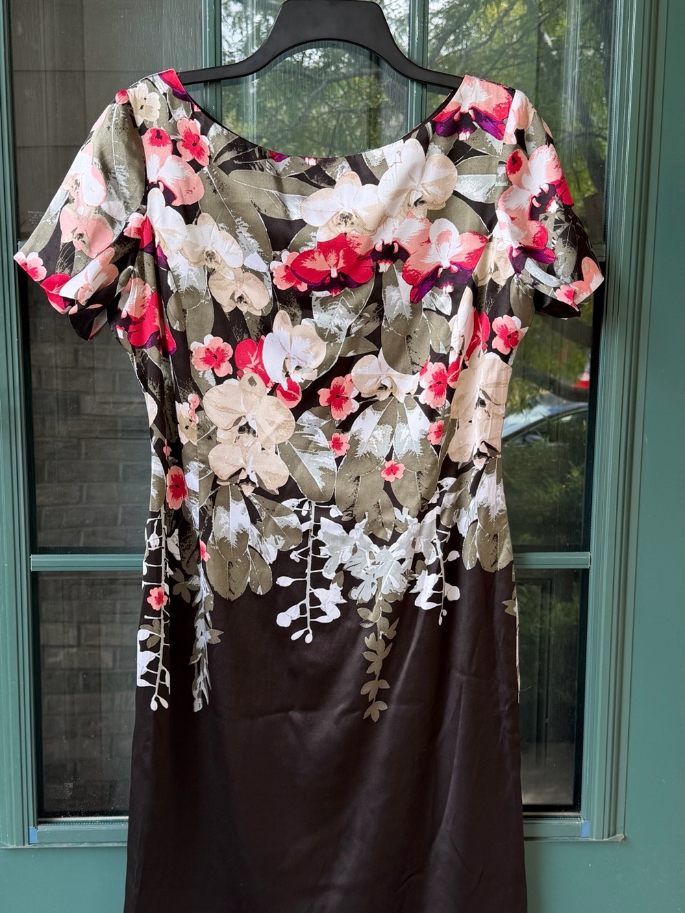ST. JOHN Floral Scoop Neck Silk Dress - Black with Pink & White Flowers